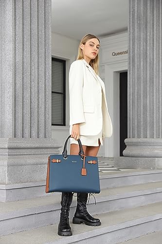 BOSTANTEN Genuine Leather Briefcase for Women 15.6'' Laptop Work Tote Bag | Laptop Compartment, Spacious Interior, Structured, Professional Style, Detachable Shoulder Strap, Office, Business, Commute - color: D-blue