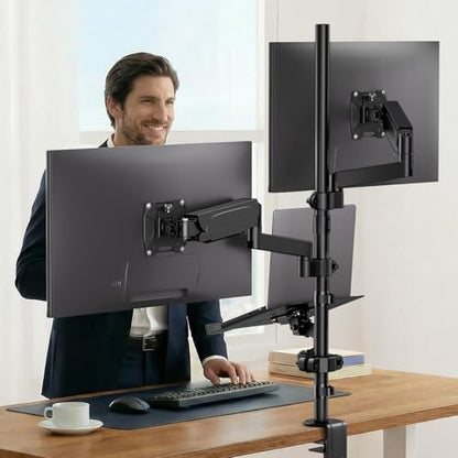 Dual Monitor and Laptop Mount Stand, Fits 32" Screens & 17" Laptops | 19.8 lbs per Arm,Fits 10-17" Laptops,Extra Long Pole,Full Motion & Height Adjustable, C-clamp Desk Mounting