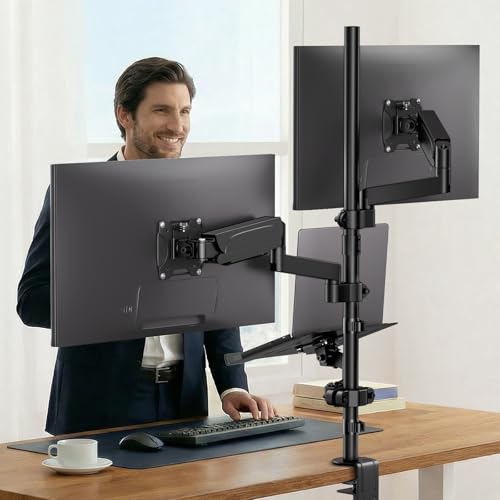 Dual Monitor and Laptop Mount Stand, Fits 32" Screens & 17" Laptops | 19.8 lbs per Arm,Fits 10-17" Laptops,Extra Long Pole,Full Motion & Height Adjustable, C-clamp Desk Mounting