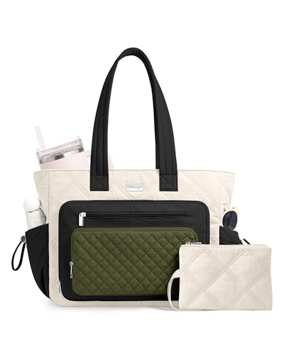 TOPDesign Puffer Laptop Bag for Women, Quilted Teacher Tote Nurse Work Briefcase, Computer Handbag with 40oz Cup Holder - color: Beige/Black/Dark Green, size: 17.3 Inch