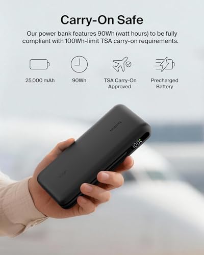 Belkin Portable Charger 25K, Power Bank with Integrated USB C Cable, 158W - Fast Charging Laptop Portable Battery Pack for MacBook Pro 14, iPhone 17 Series, iPad Pro, Galaxy S26, & More - Black