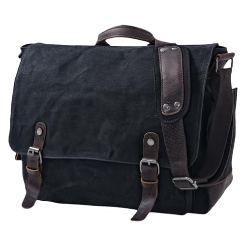 [Upgraded] Vintage Messenger Bag, 15.6 Inch Laptop Crossbody Shoulder Bags, Heavy Water-resistant Canvas Satchel for Men - color: Black