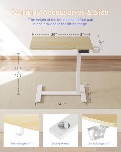 YIHAYO Adjustable Overbed Bedside Table with Wheels, 28 x 16 Inches Electric Mobile Standing Desk, Laptop Desk, Movable Overbed Tables Hospital Home Use, Natural - color: White Frame/Natural Top, size: 28*16 Inch