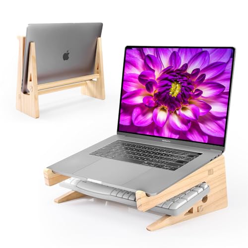 Wooden Laptop Stand for Desk, 2-in-1 Riser and Vertical Laptop Stand | notebook computer holder upright organizer home office workstation timber ergonomic ventilated anti skid space saver