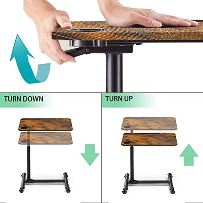 ETHU Overbed Table with Hydraulic Lift, 27.1-34.2 Inch Height Adjustable Bed Table with Lockable Casters - Wood Grain Tabletop with Cup Holder & Charging Slot, 22lbs Capacity Rolling Bedside Desk - color: Walnut