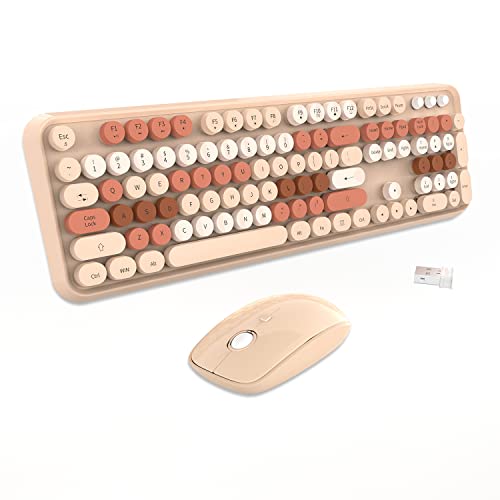 Wireless Keyboard and Mouse Combo - 2.4G Full-Sized Cute Colorful Mouse and Keyboard with 104 Round Keys Retro Typewriter Keyboard for Laptop/Windows/PC - Brown Colorful - color: V2020 Brown Colorful