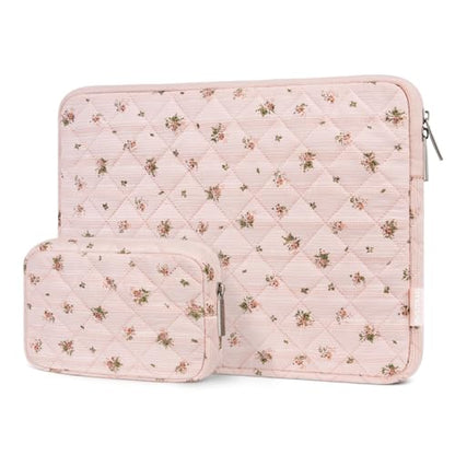 MOSISO 13-14 inch Laptop Case, 13.3 inch Puffy Laptop Sleeve Compatible with MacBook Air 13.6 M4 M3 M2 M1/Pro 13/Pro 14, HP Dell ASUS Lenovo, Square Quilted Carrying Bag with Small Case,Roseate Petals