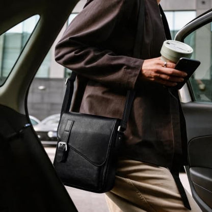 Augus Leather Messenger Bag Men's Crossbody Fits Up to 11.5 Inch Tablet - color: Black1