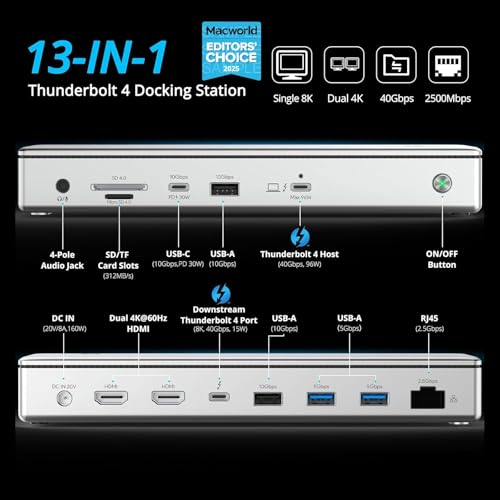 WAVLINK Thunderbolt 4 Dock with 100W Charging, Thunderbolt Certified, Driverless Laptop Docking Station with 4K HDMI Dual Monitor or Single 8K for Windows or Mac, 4X USB, 2.5G Ethernet,SD/MicroSD