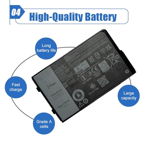 34Wh J7HTX 7XNTR Laptop Battery Replacement for Dell Latitude 7202 7212 7220 Rugged Extreme Tablet T03H T03H002 T03H003 Series 02JT7D 2JT7D FH8RW J82G5 VW5Y4 451-BBOR 451-BCCO 451-BCDH 7.6V 4342mAh - size: 4.28*2.48*0.52 inch J7HTX