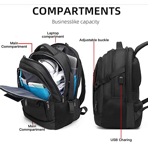 DUSLANG Travel Work Laptop Backpack With USB Charging Charger Port Fits 15.6 Inch Notebook Business Anti Theft College Computer Bag Back Pack for Women Men with Rain Cover - Black