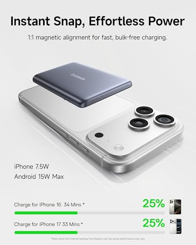 Baseus Picogo Power Bank, Smallest 5,000mAh Magnetic Wireless Charger with USB-C Braided Cable, Fast Charging Portable Battery Pack, NTC Safety Alloy Travel Essential for iPhone 17 Pro Max/17 Air/17e - color: Space Grey