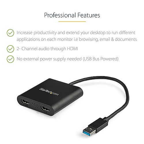 StarTech USB-A 3.0 to Dual HDMI Adapter, 4K 30Hz + 1080p 60Hz, Windows only | USB 5Gbps to 2x HDMI external graphics, 1x 4K 30Hz + 1x 1080p 60Hz, Extend or mirror - style: Windows Only