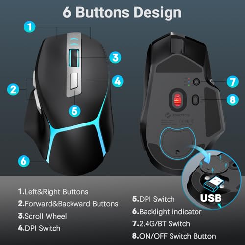 JOYACCESS Wireless Bluetooth Mouse, Rechargeable Wireless Mouse with LED, Three Mode Bluetooth, 2.4G & Wired, Silent, Wireless Ergonomic Mouse for Laptop, PC, MacBook, iPad, Tablet (Black) - color: Black