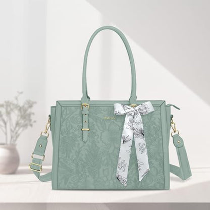 MOSISO Laptop Bag for Women, 15.6-16 inch PU Leather Tote Bag | Compatible with MacBook, HP,Dell,Asus, Front Embossed Retro Hibiscus Computer Bags with Silk Scarf&Clutch Purse,Antique Green - color: Antique Green, size: 16 inch