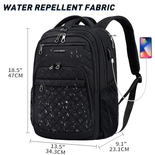 KROSER Travel Laptop Backpack 17 Inch Large Computer Backpack Black | Water-Repellent Daypack, USB Charging Port, RFID Pockets, for Work/Business/College/Men/Women, Quilted - color: Quilted Black