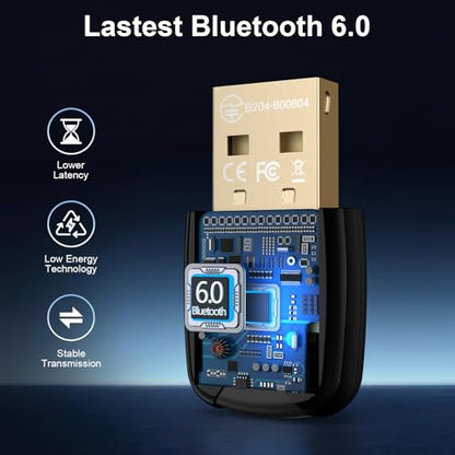 USB Bluetooth Adapter for PC, Bluetooth 6.0 Dongle Receiver EDR & BLE, Plug & Play for Windows 11/10/8.1, for Headphone/Keyboard/Mouse/Speakers/Printer