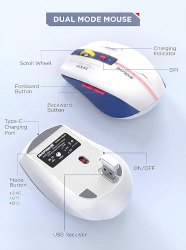 RAPIQUE Bluetooth Wireless Mouse - (BT1/BT2+USB) Tri-Mode High Performance, Rechargeable, Multi-Device Compatible with PC/Laptop/Computer/MacBook/iPad Air Pro (Blue and White) | 3-Device Switching, USB-C Rechargeable, Quiet Clicks, 800/1200/1600 DPI, 6 Bu
