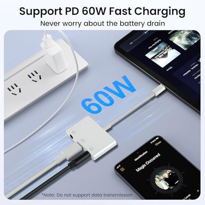 Vcddom USB C to Dual 3.5mm Audio Headphone and Charger Adapter, 3 in 1 USB C to 3.5mm Jack Audio Adapter with 60W Fast Charging Compatible with iPhone 17/16, Galaxy S25/S24/S23, Google Pixel 10/9