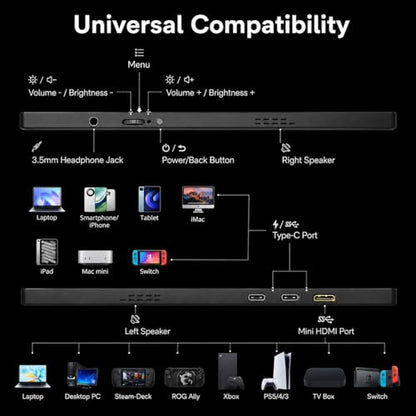 2.5K Portable Monitor, 15.6 inch 2560x1600 QHD External Monitor 100% sRGB Eye Care USB-C HDMI Second Screen for Laptop Mac Phone PS4/5 Xbox Switch