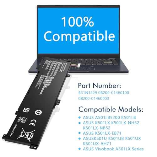 B31N1429 Laptop Battery Replacement for ASUS A501L A501LB A501LX K501L K501LB K501LX K501LX-NH52 K501U K501UB K501UX K501UW K501UX-AH71 K501LX-NB52 11.4V 48Wh - color: B31N1429