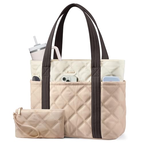 LOVEVOOK Puffer Tote Bag for Women, Puffy Work Handbag with Cup Holder, Travel Carry On Bag with Zipper for Teacher Nurse Gym - color: Nude Pink-beige-light Brown, size: 15.6 Inch-27L