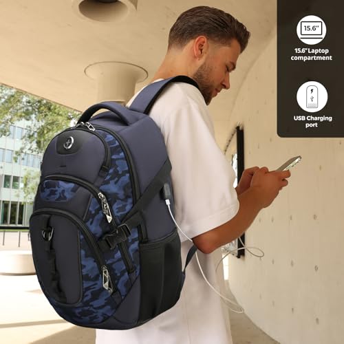Swissdigital Design Laptop Backpack with USB Charging Port, Travel Backpack Fits 15.6 inches Computer, 31L College School Backpack for Men, Blue Camo | SD803-92 - color: Blue Camo