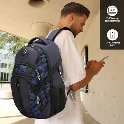 Swissdigital Design Laptop Backpack with USB Charging Port, Travel Backpack Fits 15.6 inches Computer, 31L College School Backpack for Men, Blue Camo | SD803-92 - color: Blue Camo