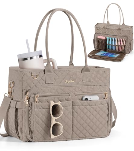 Bagstellar Teacher Tote Bag for Women, 15.6" Laptop Work Tote Computer Bag | Quilted Bible Nurse Bag with 40oz Cup Holder, Insulated Pocket & Strap, Large Laptop Briefcase for School Travel Office Gifts - color: Dark Taupe