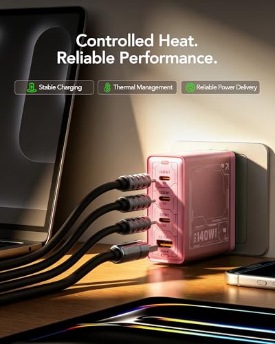 Mfish E-Rhino 140W USB-C Charger, True PD 3.1 GaN Fast Charger, 4-Port (3 USB-C + 1 USB-A) Foldable Plug Power Adapter for MacBook Pro 16”, iPhone 17/16, iPad, Galaxy, Tablet, Laptop, Pink - color: 140W-Pink