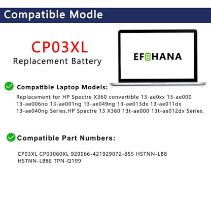 CP03XL 929072-855 Laptop Battery Replacement for Hp Spectre X360 Convertible 3-ae 13-ae0xx 13-ae000 13-ae013dx 13-ae049ng 13-ae001ng 929066-421 HSTNN-LB8E CPO3XL CP03060XL 11.55V 60.9Wh 5275mAh - size: 9.29×3.19×0.26 in CP03XL