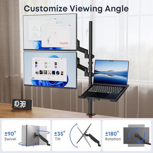Dual Monitor and Laptop Mount Stand, Fits 32" Screens & 17" Laptops | 19.8 lbs per Arm,Fits 10-17" Laptops,Extra Long Pole,Full Motion & Height Adjustable, C-clamp Desk Mounting