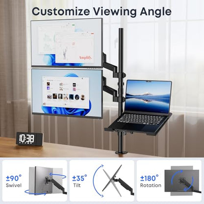 Dual Monitor and Laptop Mount Stand, Fits 32" Screens & 17" Laptops | 19.8 lbs per Arm,Fits 10-17" Laptops,Extra Long Pole,Full Motion & Height Adjustable, C-clamp Desk Mounting