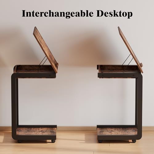 Rolling TV Tray Table with Storage,C Table with Drawer for Couch | Rolling Side Table with Storage，TV Tray Table on wheels with Tiltable Desktop for Couch，Sofa Laptop，Living Room，Bedroom