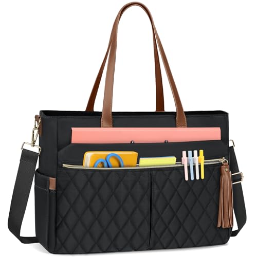 RAINSMORE Laptop Bag for Women 15.6" Teacher Tote Work Bag with Insulated Pockets, Professional Nurse Bag Laptop Briefcase Large Handbag for Office College Nursing, Black-brown - color: Black and Brown