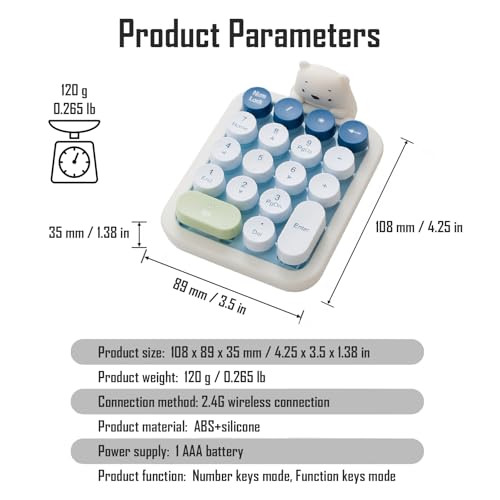 Lomiluskr Wireless Number Keypad with Cute Silicone Bear, 18 Colorful Round Keys Numpad, 2.4G USB Wireless Connection, Portable Financial Accounting Numeric Keyboard, Suitable for PC, Laptop (Blue) - color: Blue