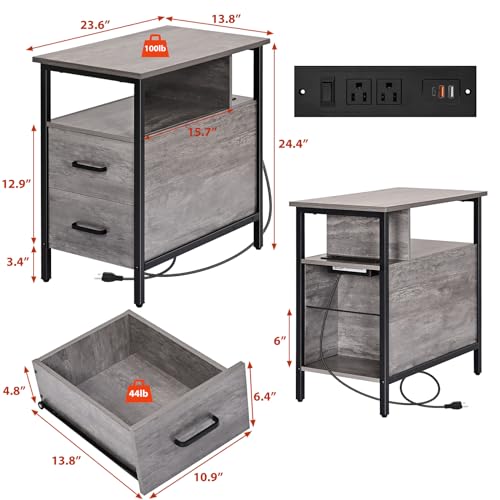 Side Table, Gray End Tables with Charging Station, Narrow End Table with Wooden Drawers, USB Ports and Power Outlets, Nightstand and Bedside Table, Side Table Living Room, Bedroom - color: Light Gray