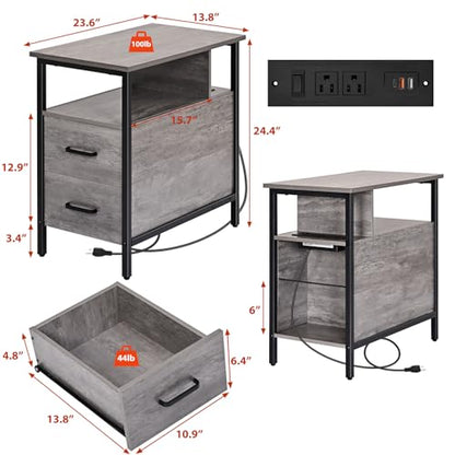 Side Table, Gray End Tables with Charging Station, Narrow End Table with Wooden Drawers, USB Ports and Power Outlets, Nightstand and Bedside Table, Side Table Living Room, Bedroom - color: Light Gray