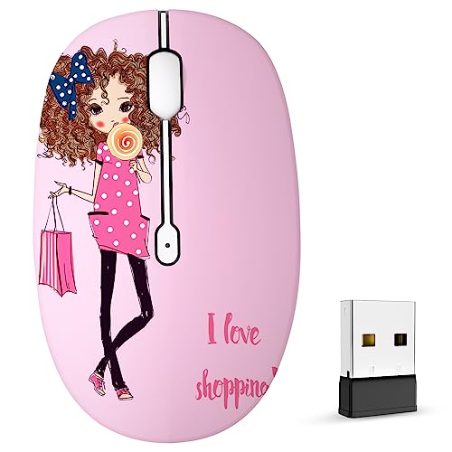 FMOUSE Cute Pink Wireless Mouse, Dual Mode, Bluetooth & 2.4GHz USB Receiver, Silent Clicks, AA-Battery Powered, Handy & Durable, for Kids, Girls, Students on Laptops, Mac, iPad, PC - color: Shopping Girl