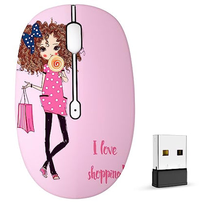 FMOUSE Cute Pink Wireless Mouse, Dual Mode, Bluetooth & 2.4GHz USB Receiver, Silent Clicks, AA-Battery Powered, Handy & Durable, for Kids, Girls, Students on Laptops, Mac, iPad, PC - color: Shopping Girl