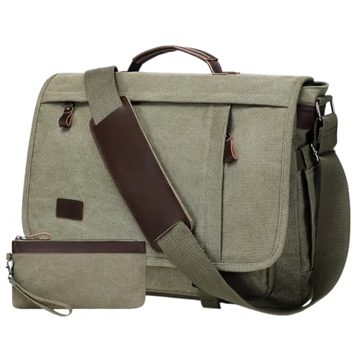 17.3 Inch Messenger Bag for Men: 2PCS Laptop Bag PU Leather Canvas Work Briefcase Large Office - color: Green