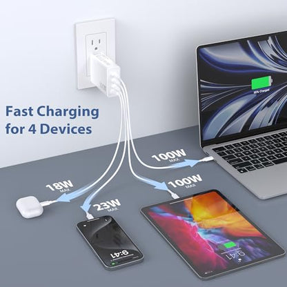 100W USB C Charger Block 4 Port Type C Charging GaN USB C Charger Compatible with MacBook Pro/Air iPad iPhone16/15/14/13 Pro Max Hp Dell Asus Acer Galaxy S24/S23 Fast Wall Power Adapter