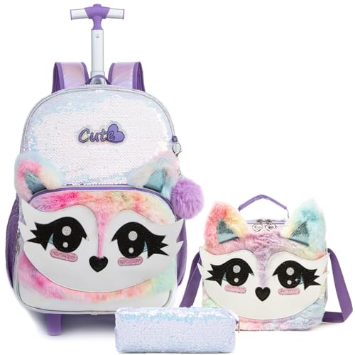 3PCS Kids Fluffy Cat Rolling Backpack for Girls, White Sequins | Trolley Suitcases Luggage Travel with Wheels, Roller Backpacks Set Toddler Back Pack School Bags Elementary Bookbag Wheeled - color: White-0121-huli