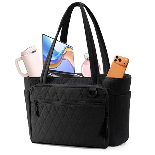 Yarwo Puffy Tote Bag for Women with Accordion File Pocket & Laptop Sleeve | Lightweight Quilted Teacher Nurse Shoulder Bag, 15.6 in Laptop Work Handbag, Cup Holder, for Daily, Travel, Gym - color: Black