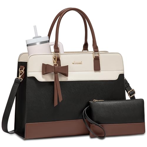 LOVEVOOK Laptop Tote Bag for Women,Leather Work Bag, Waterproof Business Teacher Bag,Large Computer Handbag Purse Briefcase,Office Gifts for Women - color: Black-white-brown-up, size: 17.3 Inch
