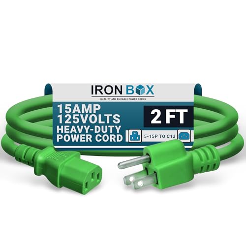 IronBox Electric - Heavy-Duty 5-15P to C13 Power Cord - 3 Prong 15A 125V 14/3 SJT PC Cable - Cord for Computer, Monitor, Subwoofer, Amplifier - Cable for Power Supply - (Green 2 Foot) - color: Green, size: 2 ft