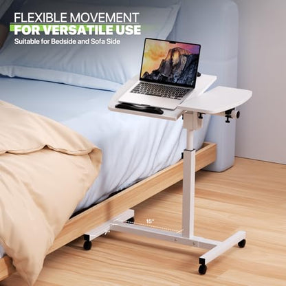 Magshion Tilt Overbed Bedside Table with Wheels, Rolling Laptop Desk with Mouse Table & Height Adjustment from 24" to 36", Sit to Stand Up, Mobile Standing Desk for Hospital Home Office, White Frame - color: White Fram, size: Split Desktop