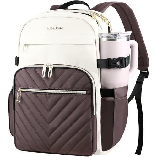 VANKEAN Laptop Backpack for Women with Pouch Pocket for Large Capacity Tumbler, 15.6 Inch Laptop Computer Bag Travel Backpack Purse,Waterproof Work Business Teacher Bags, Beige-Coffee - color: Beige-coffee, size: 15.6 Inch