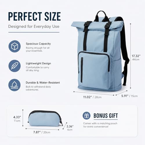 Roll Top Laptop Backpacks for Men & Women, Anti-Theft Travel Backpack Fits 15.6-17.3 Inch Laptop, Water-Resistant Durable Computer Bag for Work, College & Daily Commute (Blue) - color: Blue