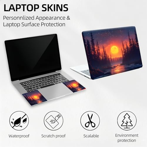 Full Moon Pine River Night Universal Laptop Skin Sticker 3PCS, Protective Decal Trim-to-Fit 11.6" 13.3" 14" 15.6" Laptop Vinyl Cover, Removable Anti-Scratch Computer Decal Protector - color: Full Moon Pine River Night